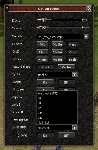 Fereastra Opțiuni sistem, cu Limită FPS și FPS și ping