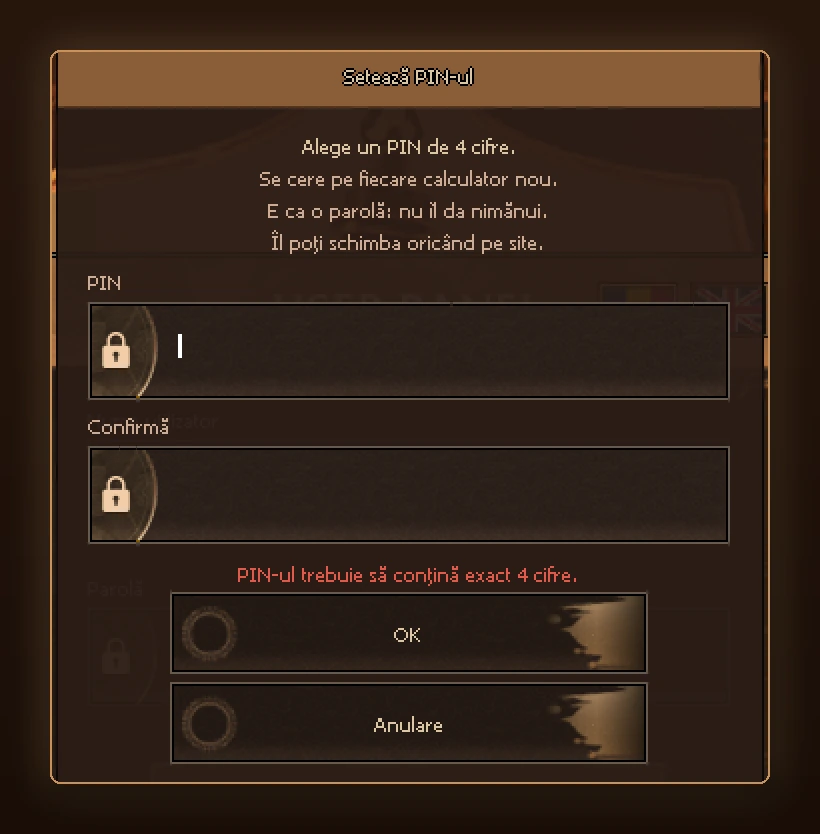 Regalis2 1.8.1 - Dialogul de setare a codului PIN
